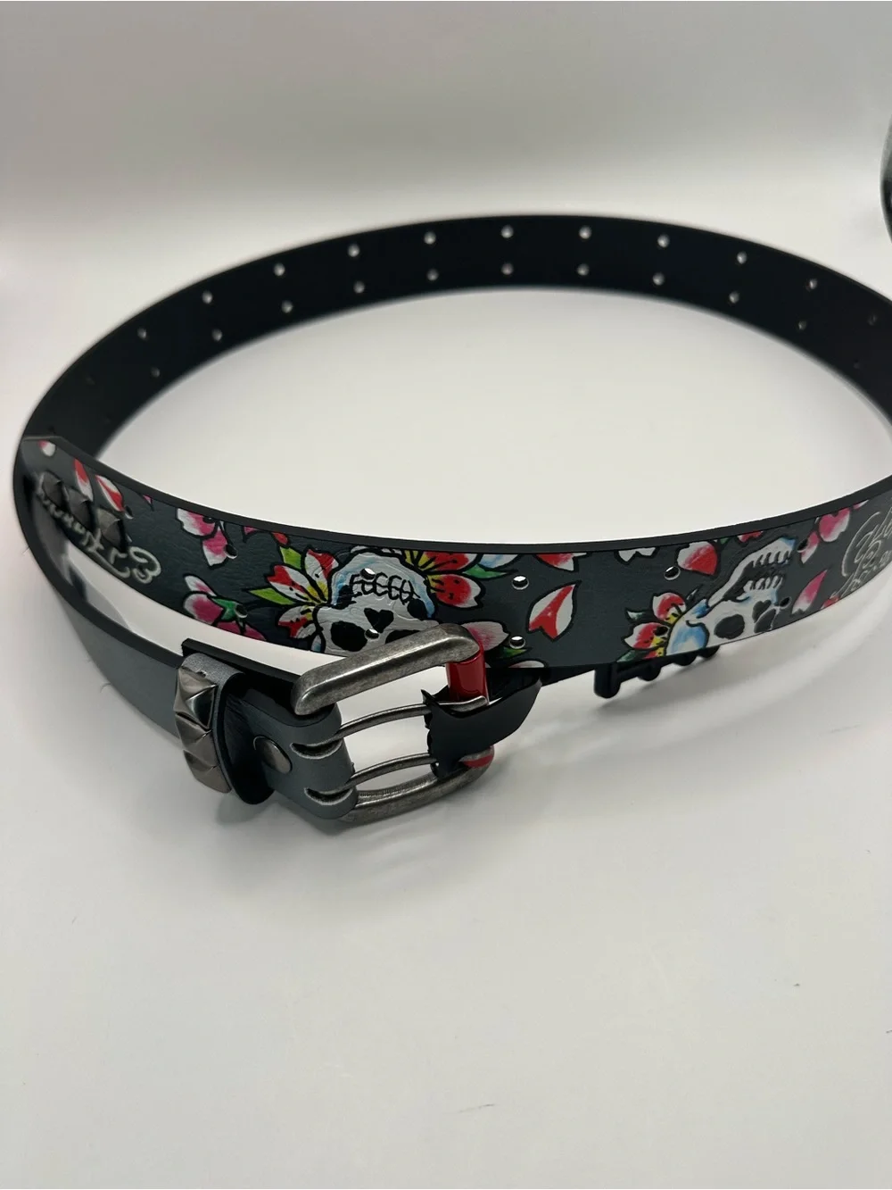 Ed Hardy Men's Graphic Floral Skull Tattoo Studded Belt Adjustable Buckle 38